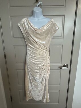 Dkny Cream Velvet Cowl Neck Ruched Midi Dress